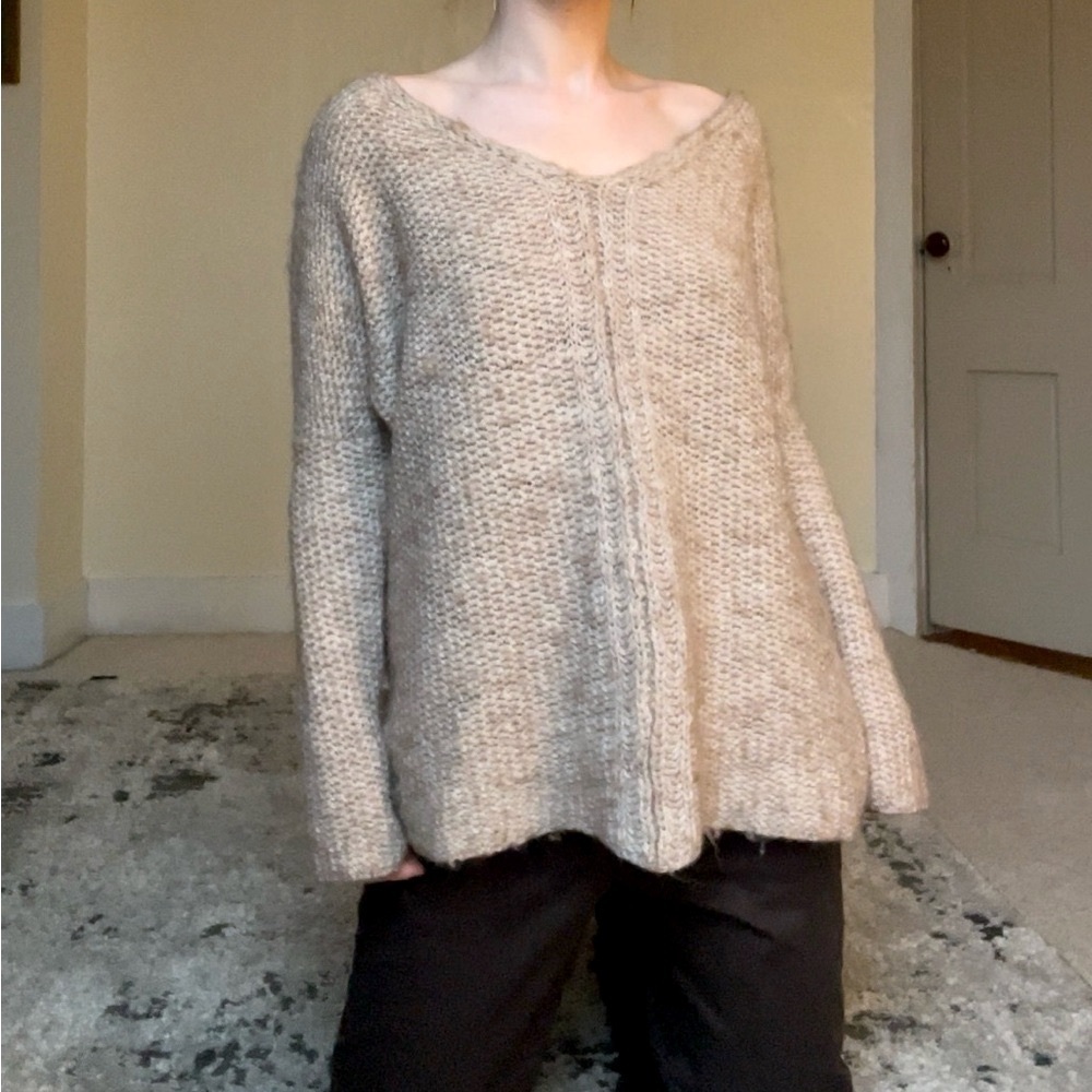 Moth Tan V-Neck Sweater with Chunky Knit Oversized Soft Comfy Flowy Cute Luxury - Picture 5 of 14